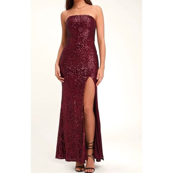 Lulus Lavish Lover Wine Red Strapless Sequin Maxi Cocktail Dress With Slit L - Picture 1 of 8